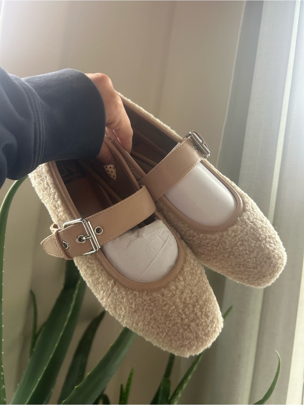 Dolce Vita Beige Sherpa Mary Jane Flats with Buckle Strap